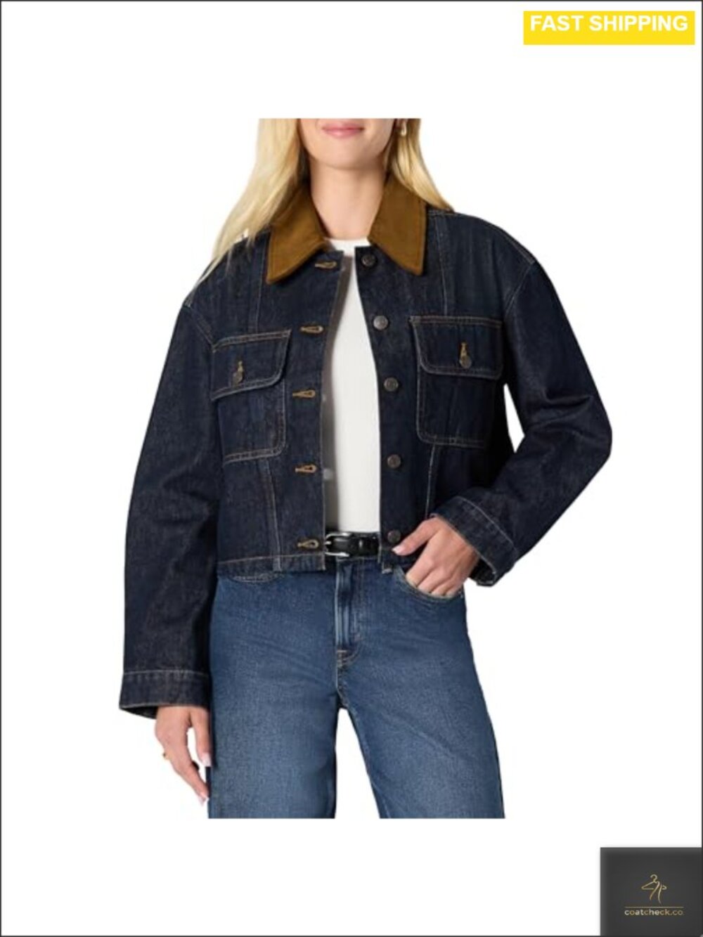 Oversized Cropped Heavyweight Denim Jacket Contrast Corduroy Collar